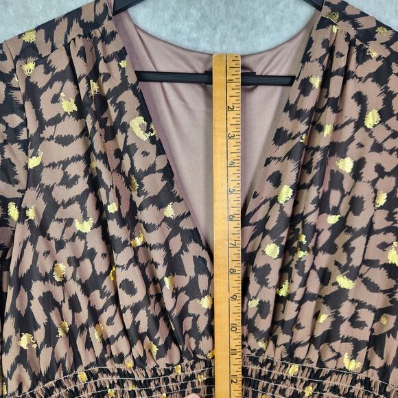 Express Smocked Waist Hi-Lo Cheetah Dress L Ruffles V Neck Wedding Guest Chiffon - Picture 15 of 16